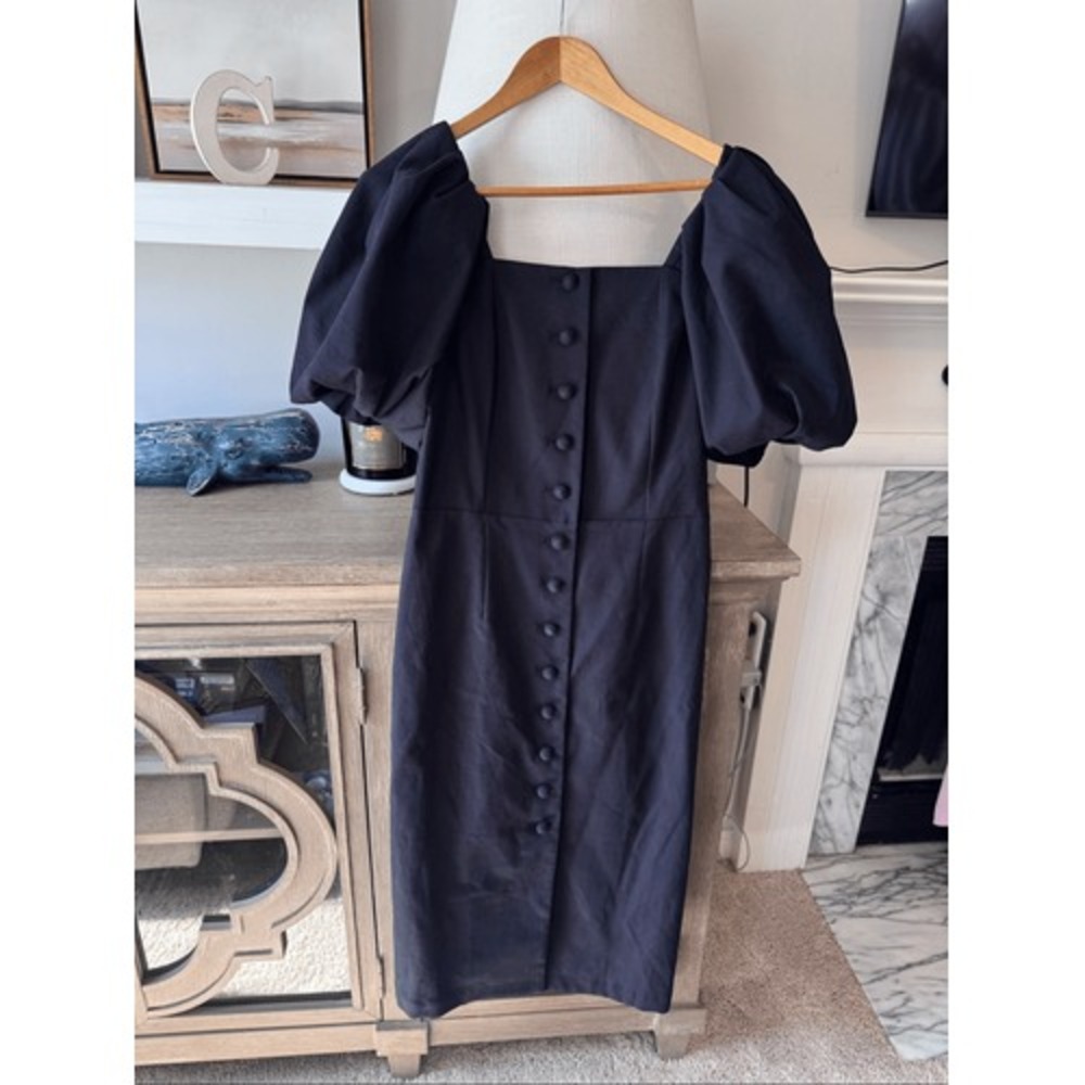 Sea New York Puff Sleeve Button Front Midi Dress Women Black Size 6 (D3)